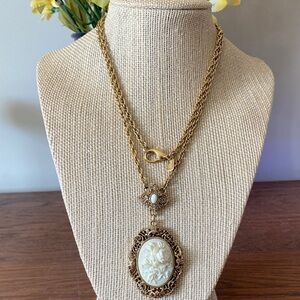 1928 Gold Tone Necklace with Cream Floral Cameo Pendant